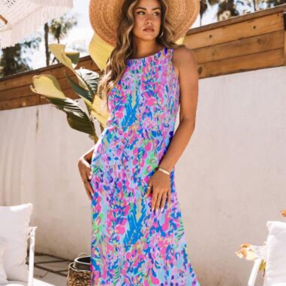 Purple Abstract Floral Print Sleeveless Maxi Dress